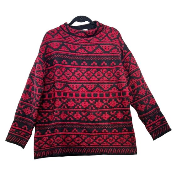 J. Jill Womens Geometric Pattern Sweater XL Red & Black Wool Cotton Blend - Picture 1 of 11